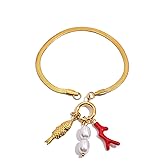 CUFELMU Gold Snake Bone Chain Bracelet with Pearl, Fish & Coral Pendants – Ocean Inspired Jewelry for Women