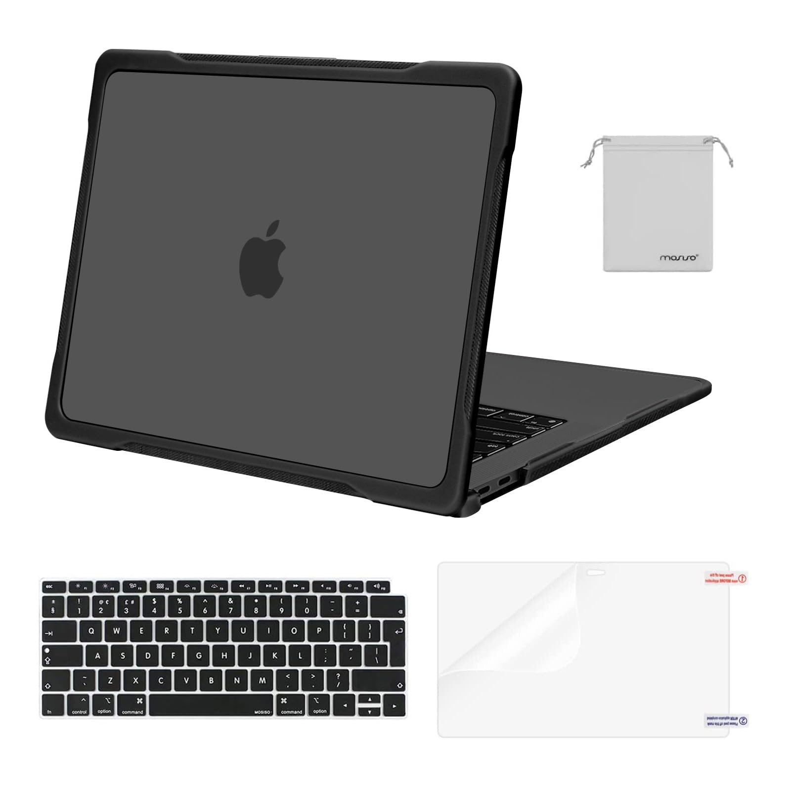 MOSISO Compatible with MacBook Air 13 inch Case 2021-2018 M1 A2337 A2179 A1932 Touch ID, Soft TPU Bumper Plastic Anti-scratch Hard Case&Keyboard Cover&Screen Protector&Storage Bag, Black
