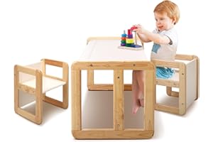 wingyz Kids Table and Chair Set, 3 in 1 Wooden Activity Table for Toddlers Play Study Dining Drawing Arts Crafts, Multi-Purpose Montessori Childrens Table and Chair Set Gifts for Boys and Girls