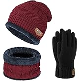 Warm Winter Beanie Hat & Scarf Gloves Set Stylish Knit Skull Cap for Men Women (One Size, 08 Red)