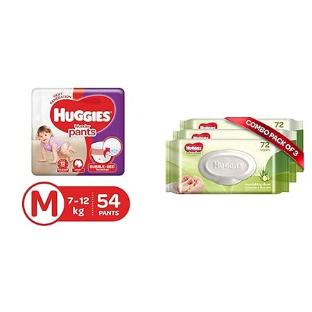 Huggies Wonder Pants Diapers, Medium (Pack of 54) & Huggies Baby Wipes - Cucumber & Aloe, Pack of 3 (216 Wipes)