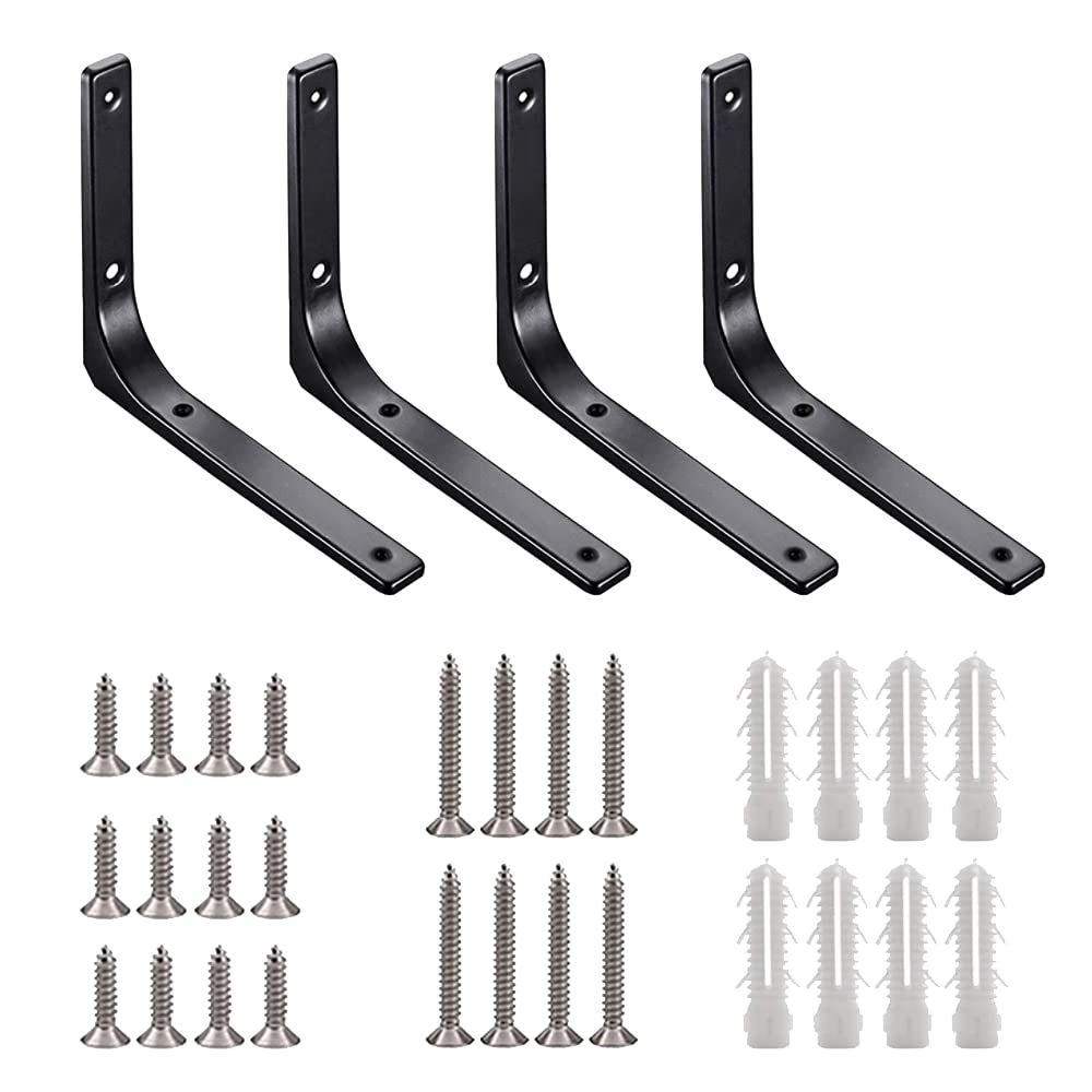 Shelf Bracket Corner Brace Angle Bracket Shelf Support Wall Hanging Heavy Duty Black Metal Wall Brackets Wall Mounted with Screw and Anchors,150mm X 125mm, 4PCS