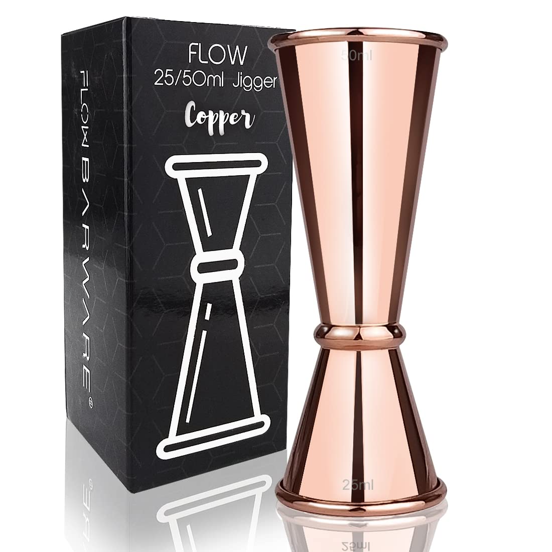 FLOW Barware Spirit Measure | 4-in-1, Shot Measures for Spirits, 25ml, 50ml, 15ml, 35ml, in One Cocktail Jigger & Alcohol Measuring Cup | Drinks Measures for Spirits | Copper Spirit Measure