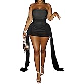 Elainone Women Mesh Sheer Tube Mini Dress Off Shoulder Strapless Ribbon Bodysuit Club Party Night Dresses
