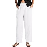 EELOTILE Women's Pure Linen Pants Mid Rise Drawstring Loose Fit Summer Trousers with Side Pockets