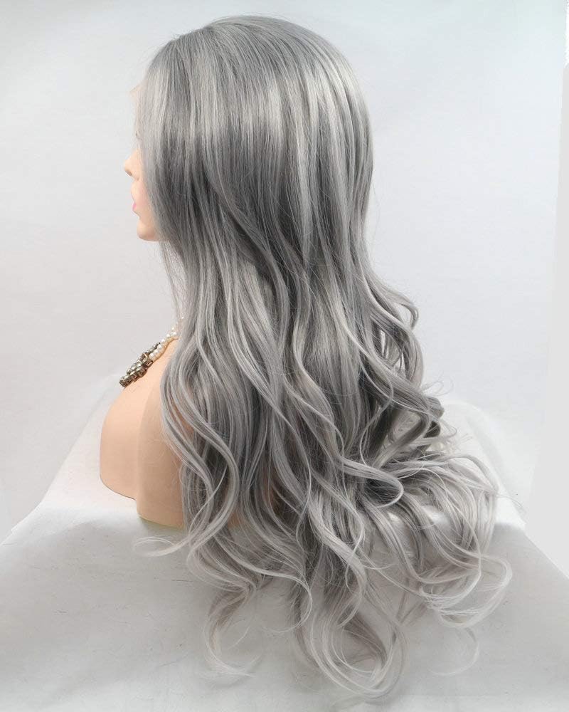 24" Replacement Natural Light Grey with Tips Lace Front Wig Heat Safe Long Wave 13x3" Pre Plucked Synthetic Hair Pastel Gray Wigs for Women Ladies Cosplay Makeup Party Travel Wigs Layered Design - Image 4