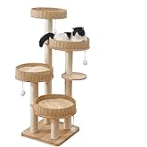XFWKUTPE 54in Solid Wood Cat Tree for Indoor Cats, Modern Tall Cat Tower | Multi-levels Cat Condo, with Scratching Post, with 4 Handwoven Rattan Cat Bed, for Large Cat, Easy to Clean