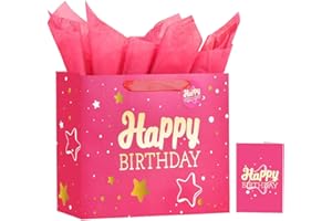 Powbrace Pink Happy Birthday Gift Bag with Tissue Paper and Greeting Card for Birthday,Party,Happy Bithday Gift Bag for Men W