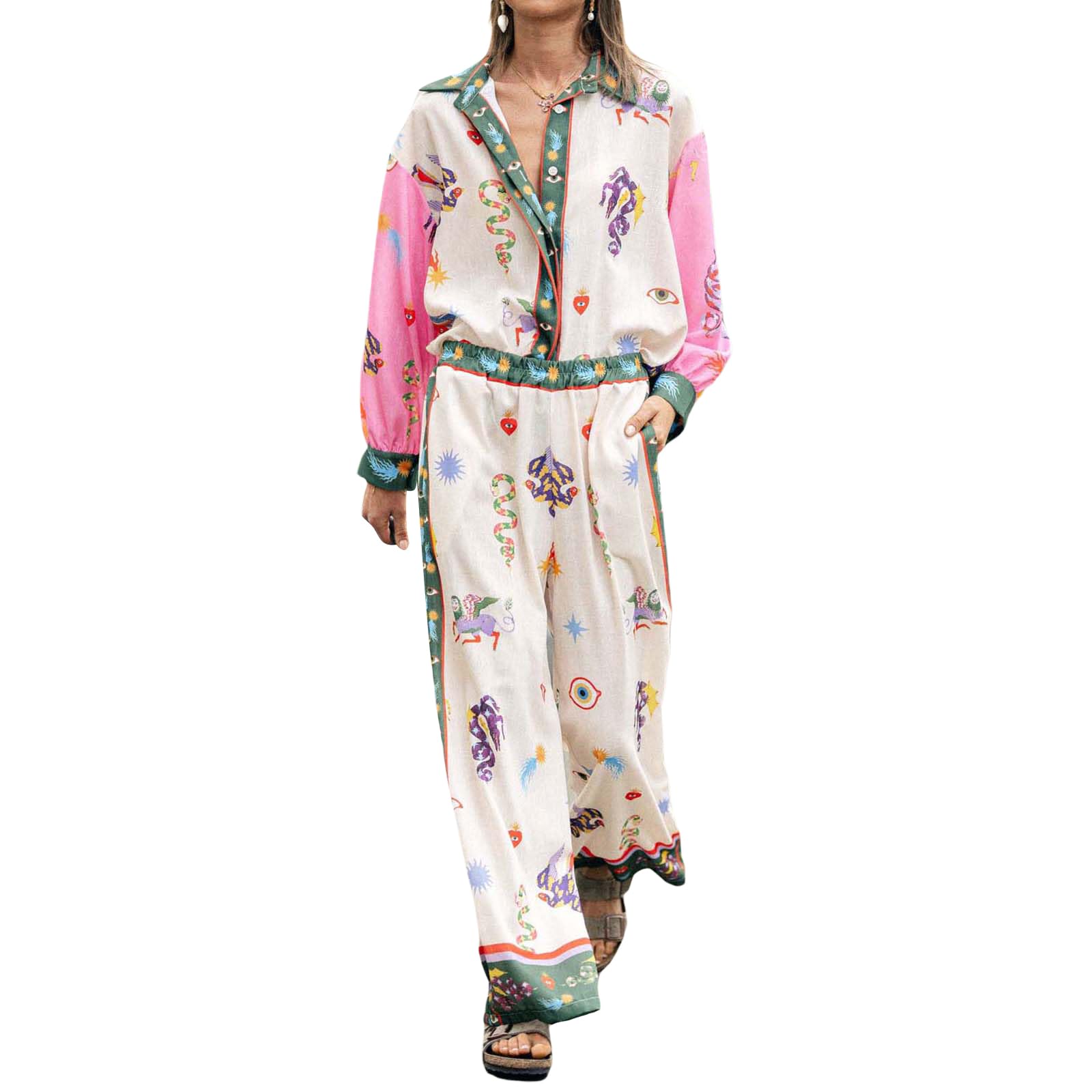 Caziffer Women’s Y2k 2 Piece Outfits Bohemian Vintage Graffiti Floral Short Sleeve Button Up Shirt + Drawstring Wide Leg Pants Set Beachwear (B Pink, M)