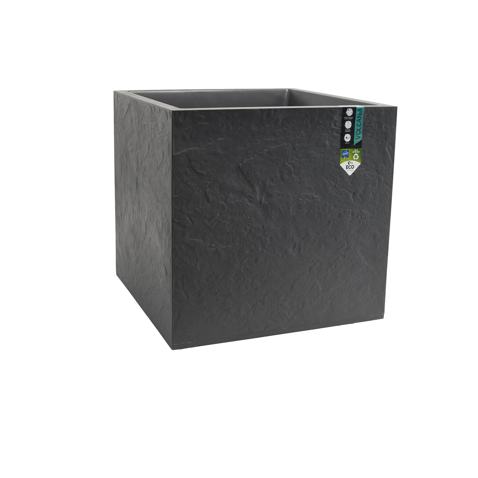 EDA - Square Pot 50 cm Volcania 57 L - Imitation Stone Decor - Double Wall - Water Retention Area - 49.5 x 49.5 x 49.5 cm - Charcoal Grey