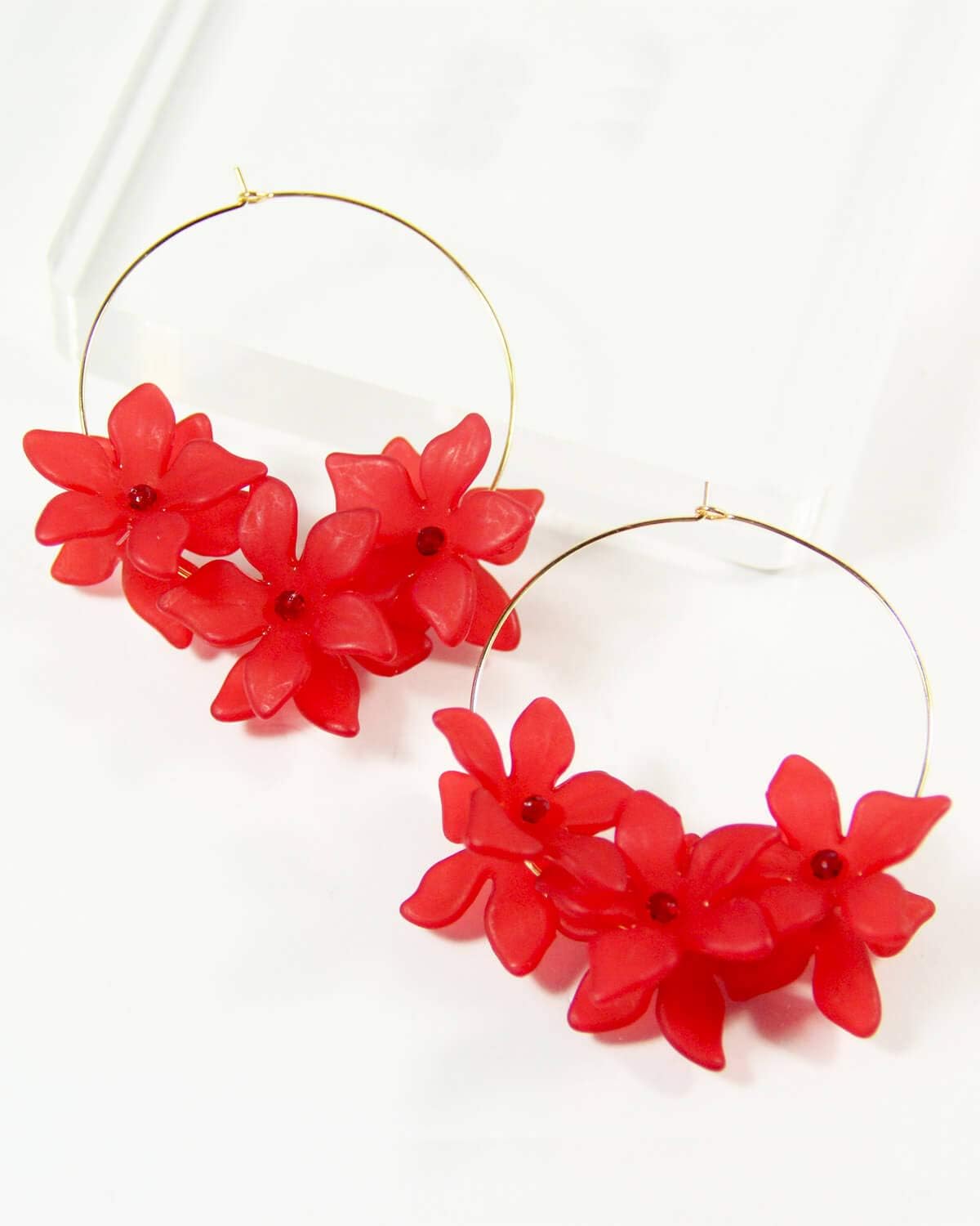 Taolei Designs 18K Gold Plated Red Flower Crystal Large Hoop Earrings New Womens Jewelry EG7688R Size: 2.75" x 2.75"