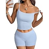 MOOSLOVER Women 2 Piece Lounge Matching Sets Padded Workout Set Cami Tank Top Fold Over Shorts Summer Outfits
