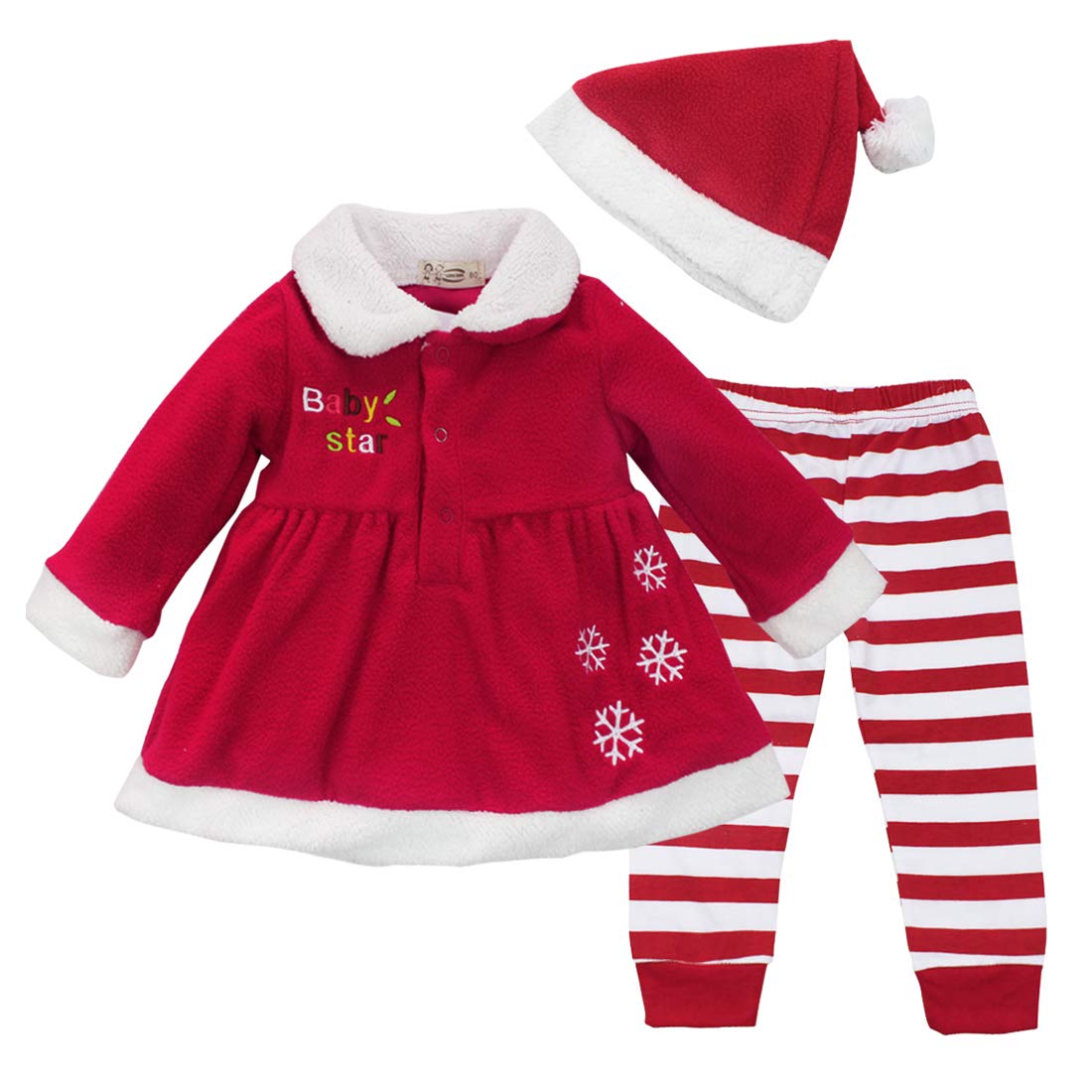 TiaoBug Baby Girls Christmas Santa Claus Outfit Xmas Cosplay Costume Fancy Dress Top Tunic Leggings Hat Set Red Xmas 9-12 Months