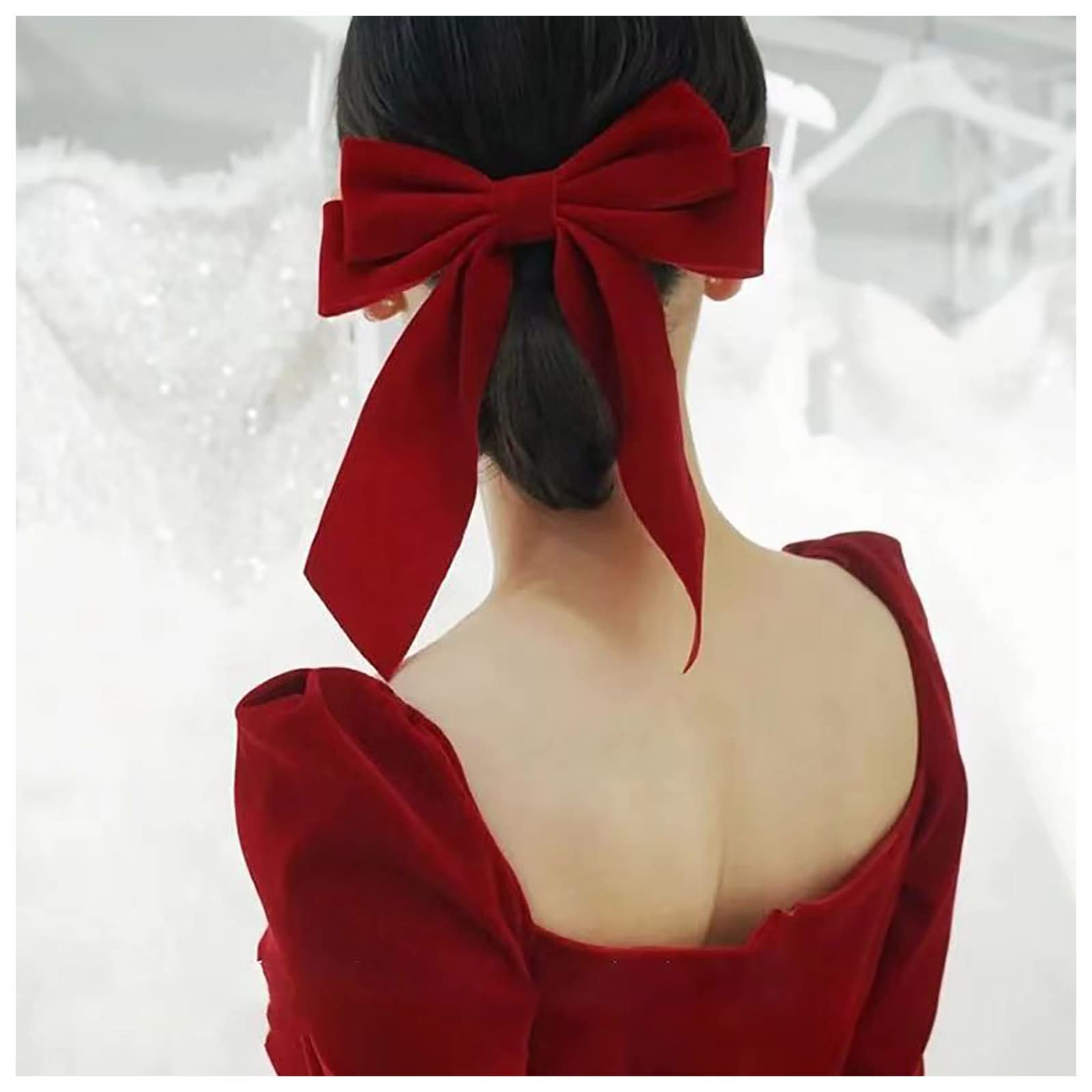 Inilbran Vintage Red Velvet Bow Hair Clips Long Tail Satin Hairclips Barrettes Velvet Ribbon Hair Clip Barrette French Bowknot Hairclip Headwear Winter Decorative Hair Accessories for Women (Red)