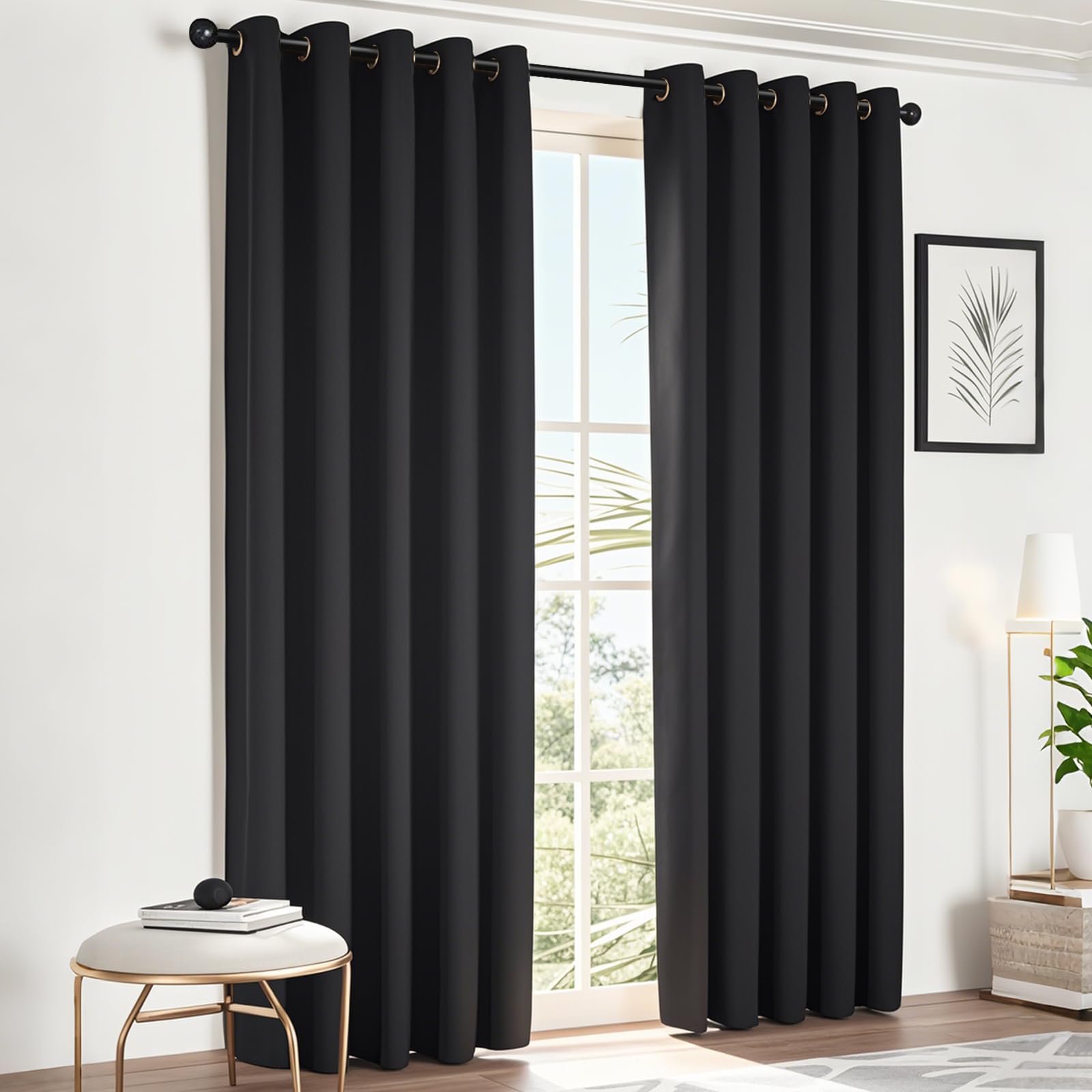 NAKIHOUSE Black Blackout Curtains, Thermal Curtains 46" Wide x 54" Drop Super Blackout Eyelet Ring Top Curtains Bedroom, Single Curtain for Door Doorway Window Living Room Bedroom, 2 Panel