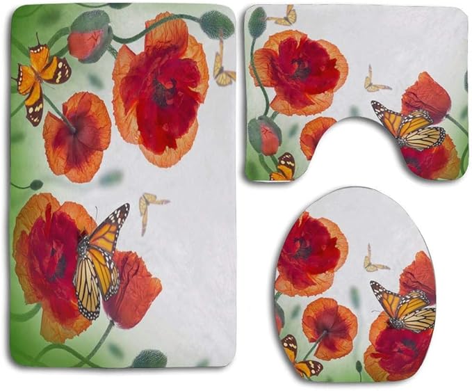 N A Rote Mohnblume Mit Schmetterling Badteppich Set 3pcs Rutschfester Badezimmerteppich Kontur Matte Und Toilettendeckelabdeckung Amazon De Kuche Haushalt