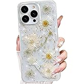 Changjia Clear Glitter Floral Case for iPhone 15 Pro Max, Cute Pressed Dried Real Flowers Design Bling Sparkly White Floral Soft TPU Slim Women Girls Protective Case for iPhone 15 Pro Max (Clear Gold)