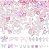 SUNNYCLUE 300Pcs 17 Styles Assorted Acrylic Beads Butterfly Heart Bead Bulk Pink Candy Color Pastel Plastic Flower Star Bow Round Beads for Bracelets Jewelry Making Necklace Accessories