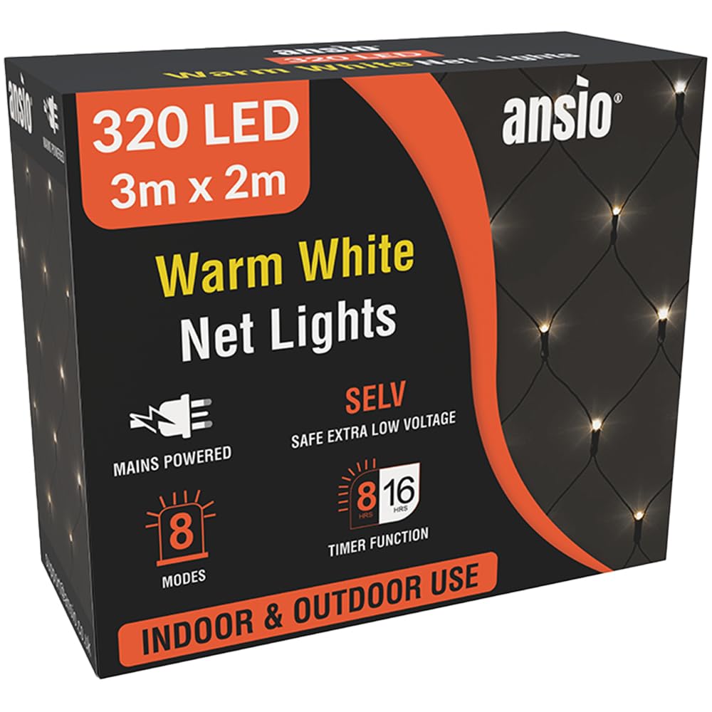 ANSIO® Christmas Net Lights Outdoor, 320 LED 3 x 2m Warm White Fairy Lights with Timer, Mains Powered Mesh Lights for Indoor Outdoor Xmas Trees, Windows, Garden Party Decorations [Energy Class G]