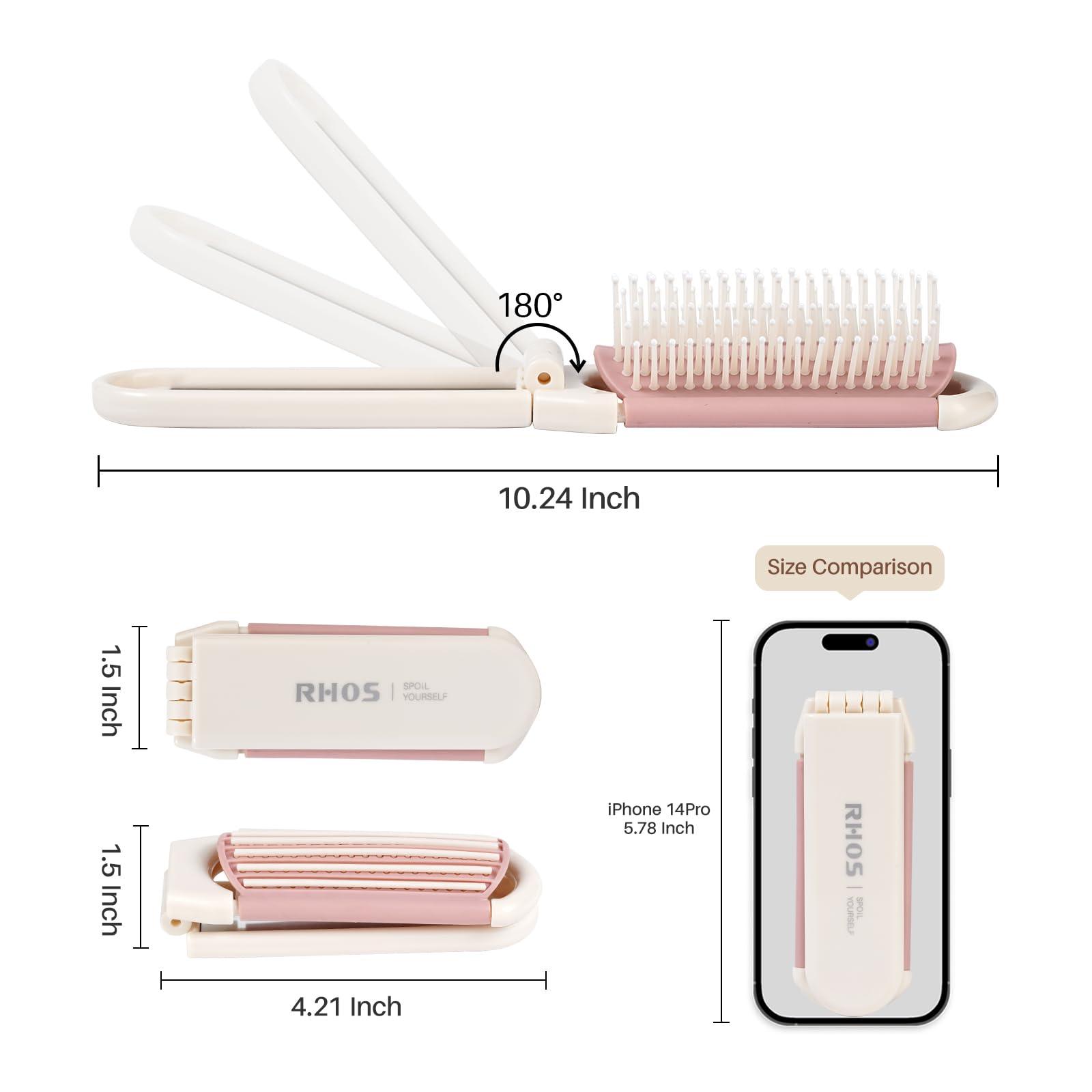 RHOS Folding Brush with Mirror for Women, Girls - Mini Hair Brush for Purse, Small Pocket Brush with Soft Nylon Bristles and Mirror for Travel (Beige)
