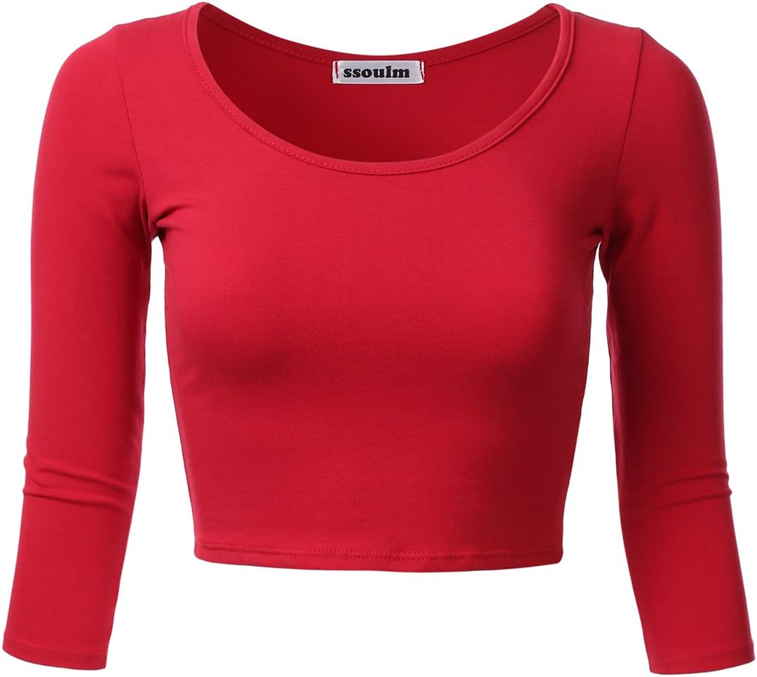 SSOULMWomen's 3/4 Sleeve Scoop Neck Cotton Slim Fit Crop Top (S-2XL)