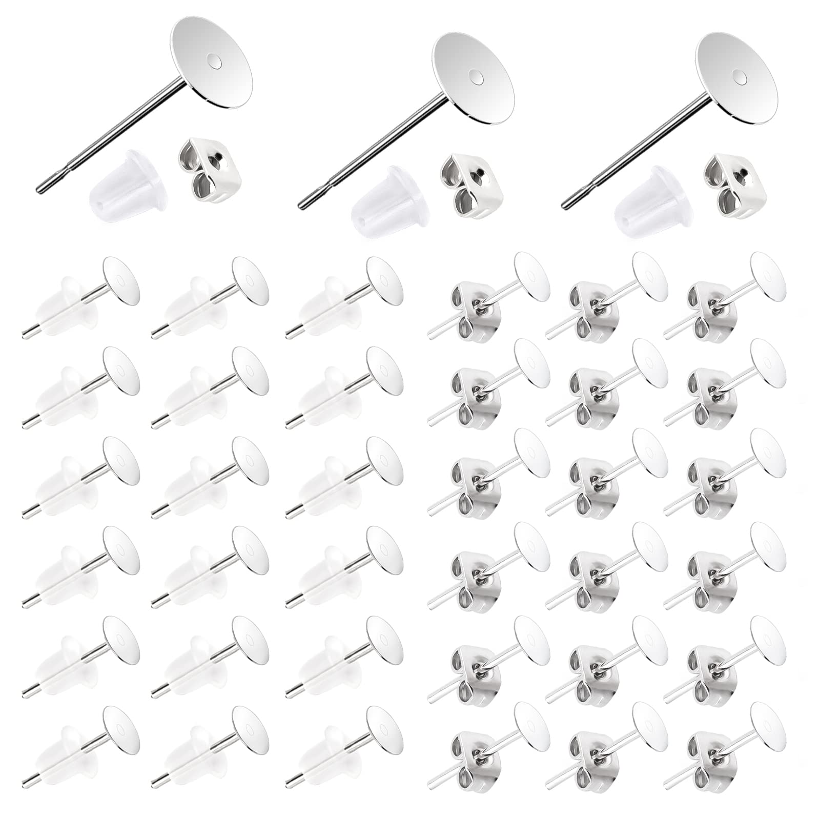LUTER 600pcs Earrings Posts and Backs Set, Stainless Steel 5mm Earrings Posts Flat Pad, Butterfly Earring Backs Silicone Bullet Earring Back for Studs for Jewelry Making (Totally 600pcs)