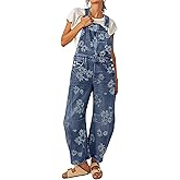 loveimgs Women Floral Print Denim Overalls Baggy Barrel Jeans Patchwork Denim Pants Y2k Straps Wide Leg Jumpsuit One Piece