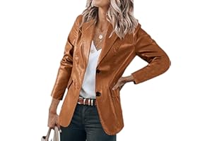 Women Faux Leather Blazer Jacket Long Sleeve Lapel Button Front Trench Coats Casual Slim Outerwear Suit Jackets