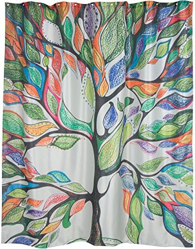 DOTZ Bathroom Shower &amp; White Shower Ring Set - Tree of Life Fabric Shower Curtain AND White Roller Shower Rings - Set of 12 Rings AND 1 70x70 inch Polyester Curtain