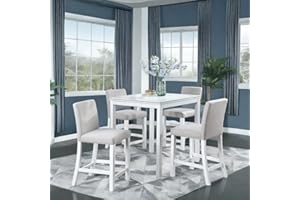 ChicFurnit Dining Table Set for 4, Counter Height Kitchen Table with Square Table, Dining Table with 4 Upholstered Chairs for Living Room, Dining Room, Guset Room, Easy to Assemble, White