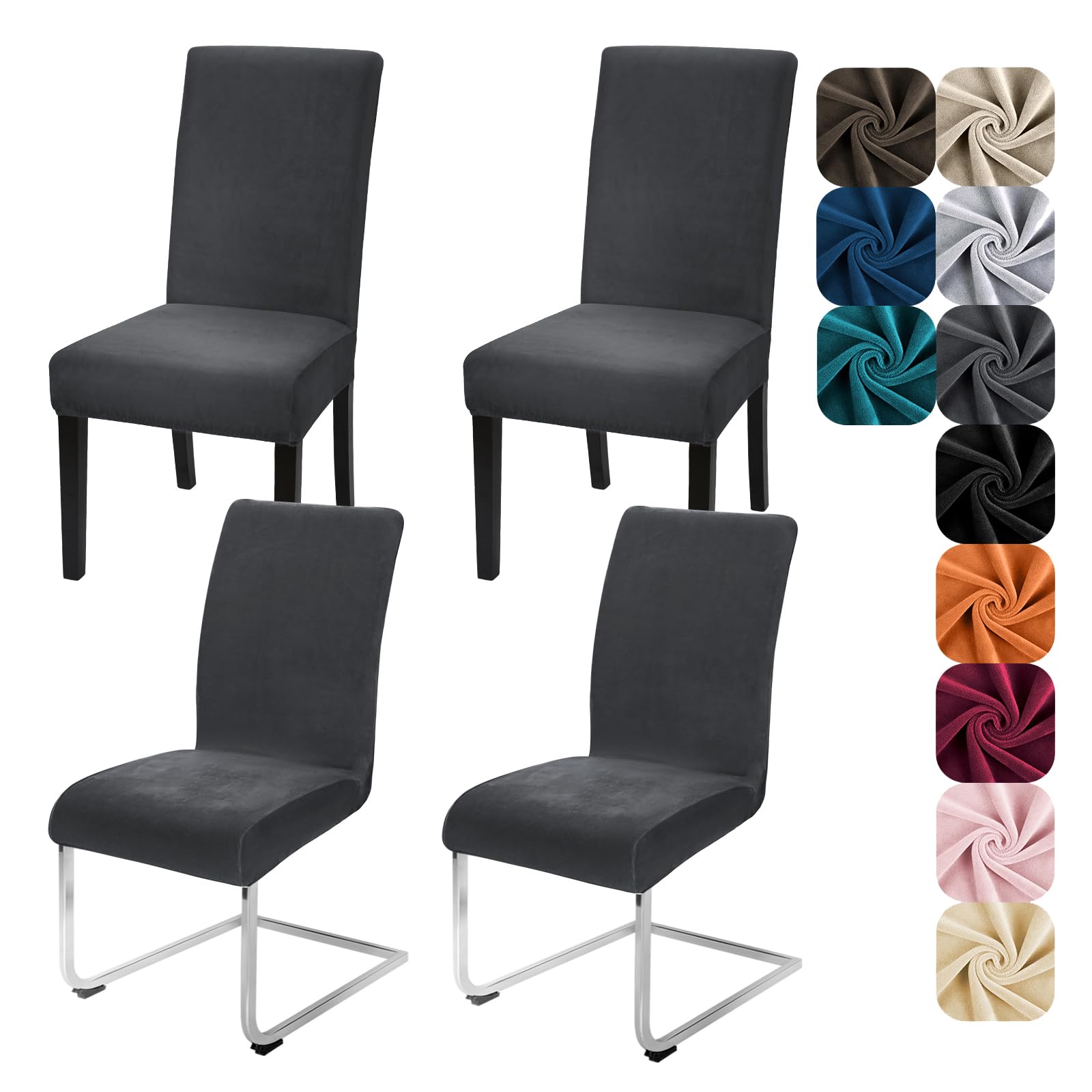 Alishomtll Dining Chair Covers Set of 4 Stretch Velvet Chair Covers for Dining Chairs Elastic Removable Chair Slipcovers Reusable Washable Chair Protector for Hotel Banquet Ceremony (Dark Grey, 4pcs)