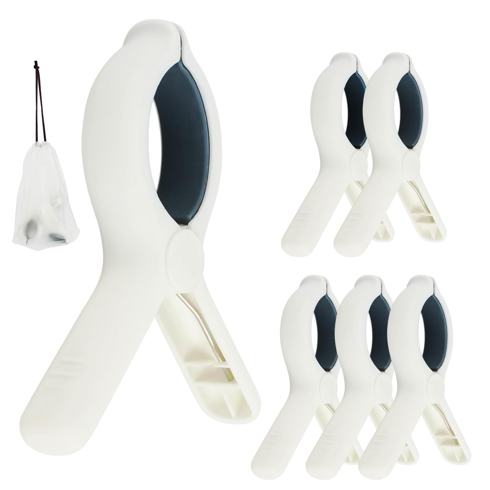 QOPAHI 6pcs Towel Clips for Sun Loungers Large Beach Towel Clips Strong Grip Clothes Pegs Non-Slip Towel Pegs for Sun Lounger Washing Line Laundry Pool Chairs Sunbeds, with Drawstring Organizer（Blue） — image 1