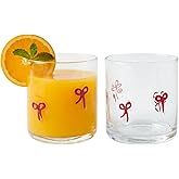 Khen 2 Pack Coquette Bow Icon Juice Glass Coquette Bow Aesthetic Cup 15 ounce Double Old Fashioned Icon Handblown Cocktail glasses for Women Friend Party, Bridal Shower Gifts (Red)