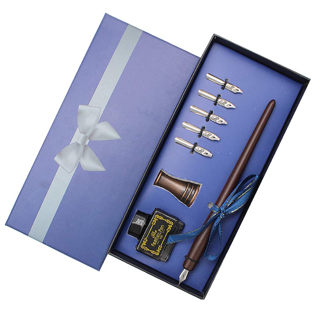 SIPLIV Wooden Dip Pen Handcrafted Manga Pen Calligraphy Pen Set Drawing Painting Kit with 6 Nibs, 1 Pen Holder, 1 Black Ink - Dark brown