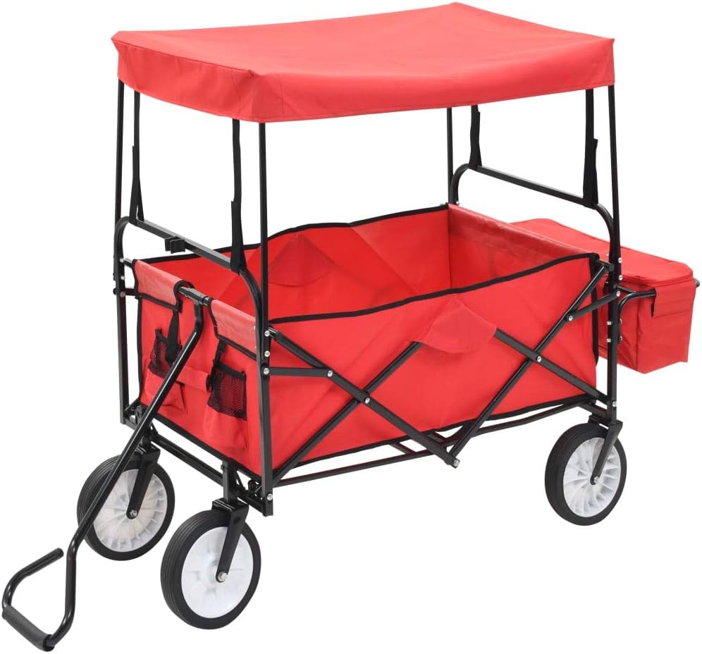 Garden Folding Trolley, Collapsible Garden Transport Hand Truck Trailer Cart with Canopy, for Outdoor Camping BBQ Shopping Gardening, Steel Red 75 kg Capacity