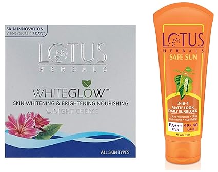 Lotus Herbals White Glow Skin Whitening And Brightening Nourishing Night Creme, 60g and Lotus Herbals Safe Sun 3-In-1 Matte Look Daily Sunblock, SPF 40, 100g