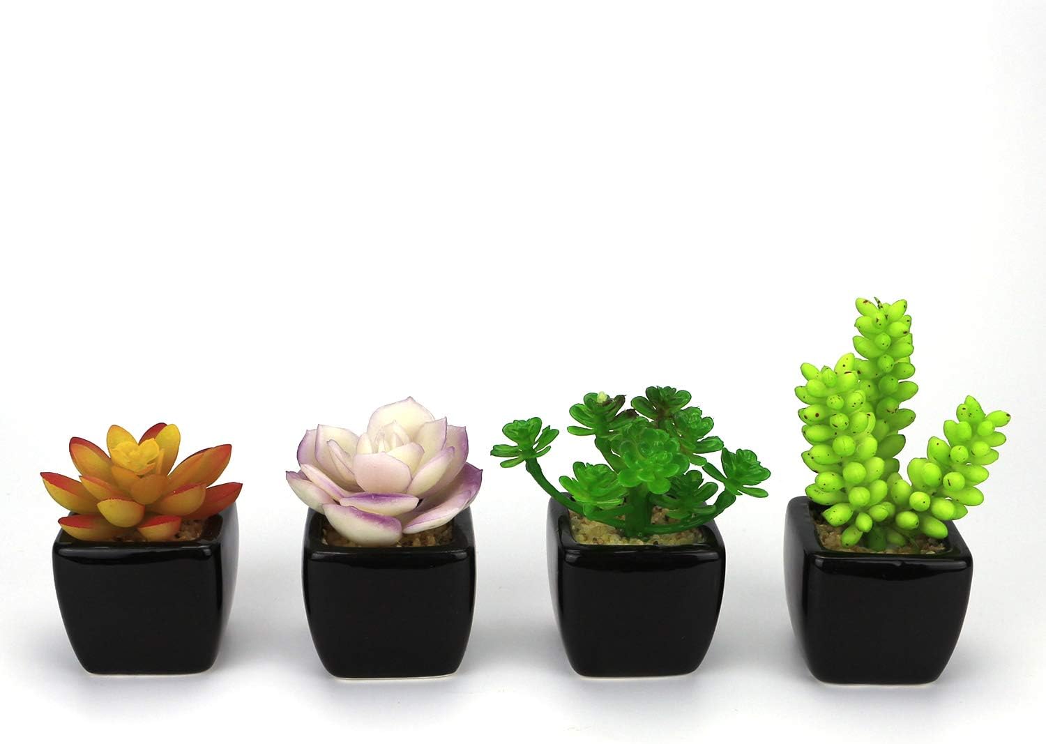 GemEwell Artificial Succulent Plants Set of 4 Mini Fake Cactus Succulent Potted Plant in White Cube-Shaped Ceramic Pot Ideal for Home & Office Decoration (Succulents E)