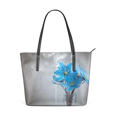FeiHuang Flower Blue Leather Top Handle Satchel Girl Handbag Shoulder Tote Bag for Girls Women