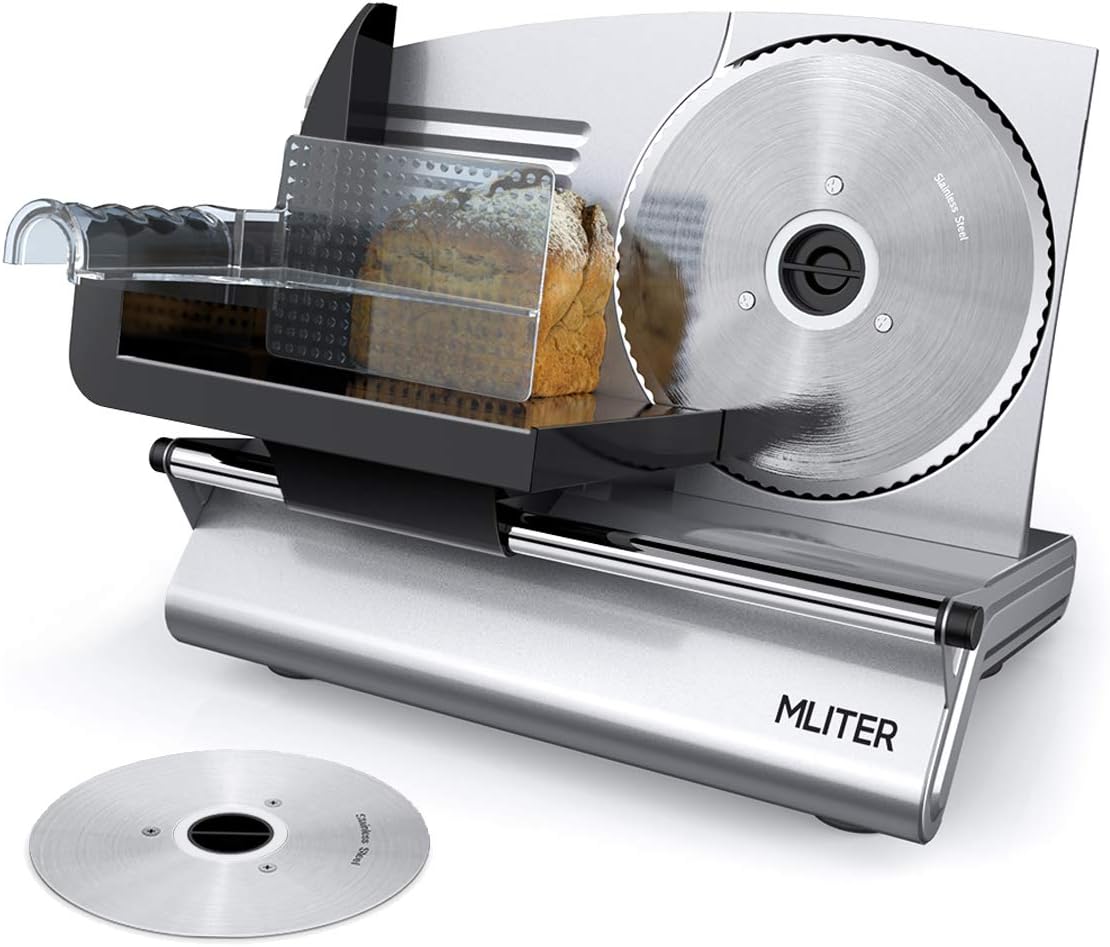 MLITER Electric Meat Slicer with Serrated and Non-serrated Stainless Steel Blades for Bread Vegetables Cheese Deli - Food Slice Thickness Adjustable - 150W
