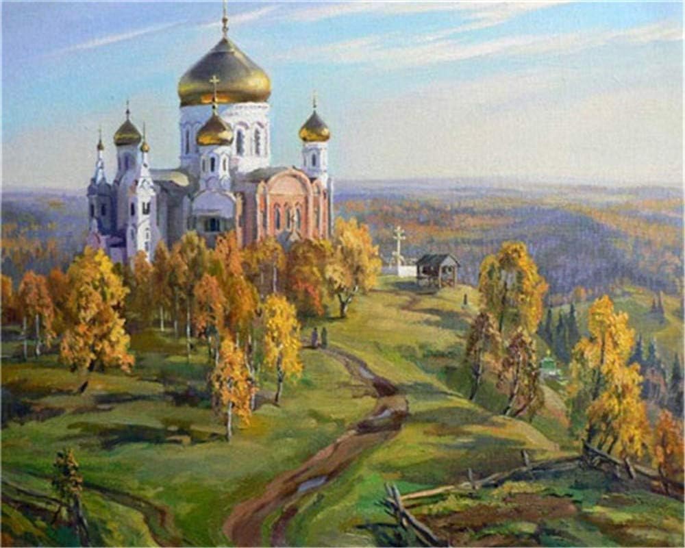 DIY Oil Painting Paint by Numbers Kits for Adult Paint Color According to The Numbers on The Canvas 16x20 inch - Drawing with Brushes Christmas Decor（Without Frame） (Hillside Castle)