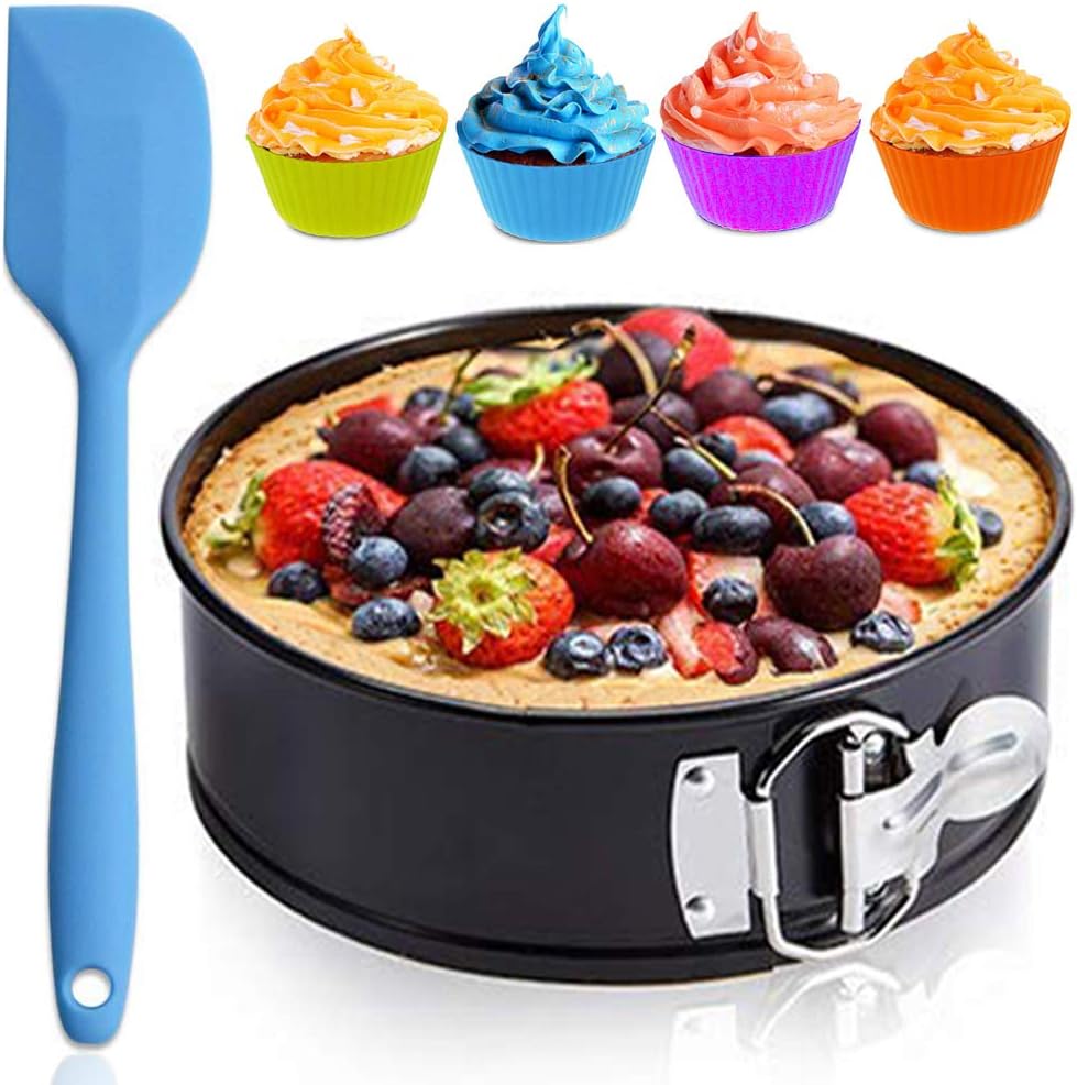 Cake Pan, Silicone Spatula, Silicone Cupcake Baking Cups, 7 Inch Cheesecake Leakproof Carbon Steel Springform Cake Mold, Removable Waffle Bottom and Quick-Release Latch Round Bakeware, Set of 6