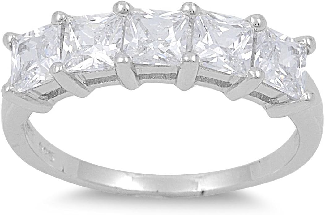 Princess Cut Clear Cubic Zirconia Five Stones Ring 925