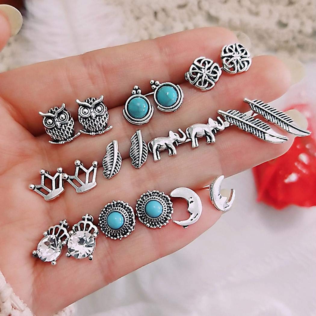kirken 10 Pair Stud Earrings Crown Leaf Animal Geometric Pierced Earring Set Gift for Women