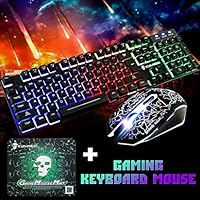 Mosunx Rainbow Backlight USB Gaming LED Wired Keyboard + 2400DPI 6 Buttons LED Gaming Mouse + Mouse Pad Set (Black)