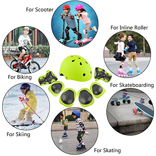 7Pcs Kids Sports Safety Protective Gear Set, RuiyiF Elbow Pad Knee Support Wrist Guard and Helmet for Children Skateboard Skating Blading Cycling Riding - Green