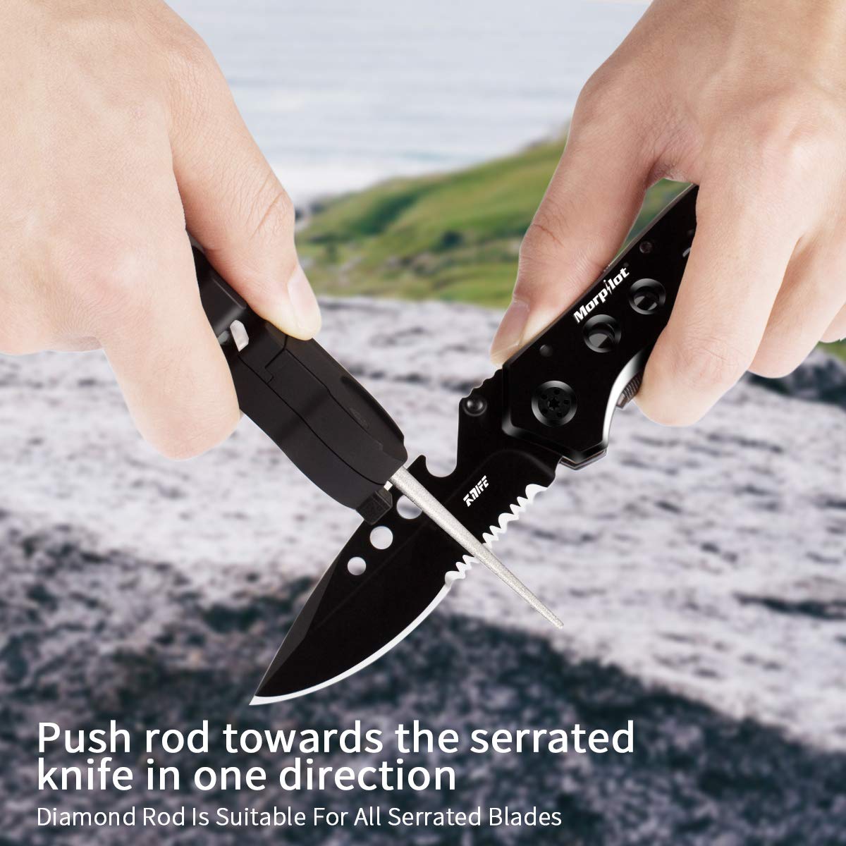 Couteau Pliant et Aiguiseur de Couteau, Morpilot Couteau de Poche 5 en 1, Affûteurs Couteau, avec Boussole et Sifflet