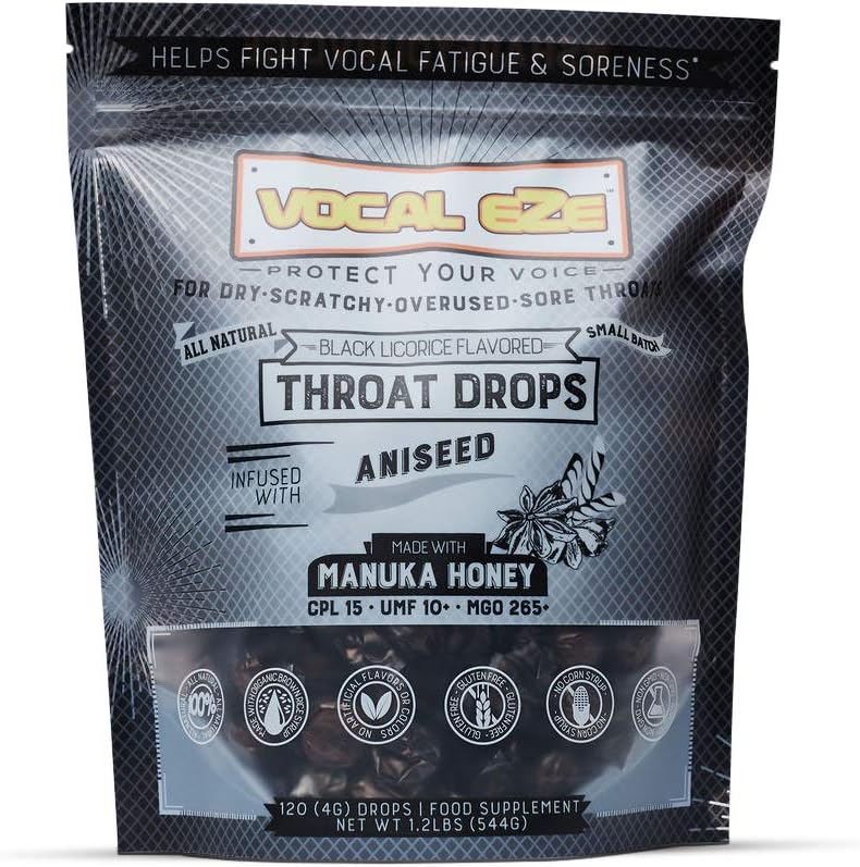 Vocal Eze Manuka Honey Aniseed UMF 10+ (MGO 265+) Menthol-Free Cough Drops (120) | Lozenges to Relieve Sore, Hoarse, Fatigue, Dryness of Throat | Voice Support, All Natural and Organic Ingredients