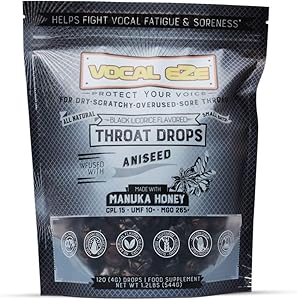 Vocal Eze Manuka Honey Aniseed UMF 10+ (MGO 265+) Menthol-Free Cough Drops (120) | Lozenges to Relieve Sore, Hoarse, Fatigue, Dryness of Throat | Voice Support, All Natural and Organic Ingredients