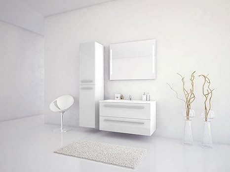 Jokey Badmöbel-Set Libato - 90 cm breit - Weiß Hochglanz - Badezimmermöbel Waschtisch mit Unterschrank Spiegel mit Beleuchtun