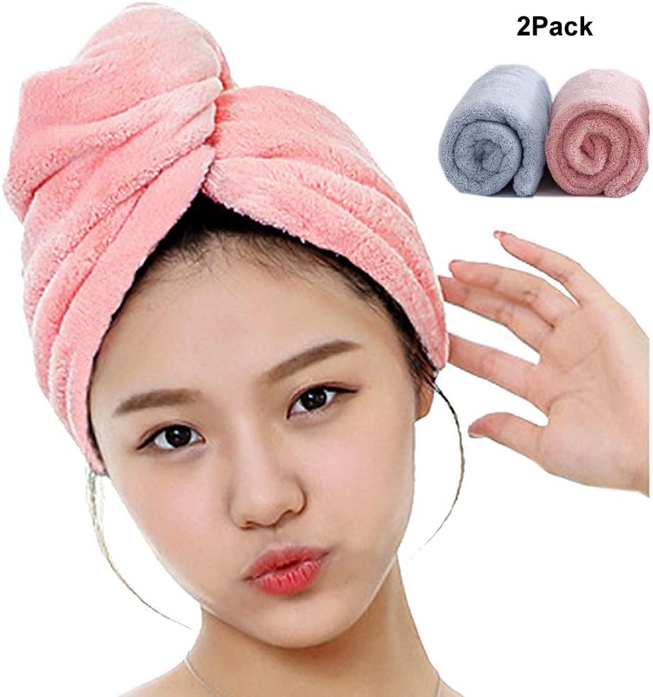 SUNJUN Ultra Absorbent Hair Turban Towel Quick Dry Anti Frizzy Microfiber Design for Women (Pink+Blue)